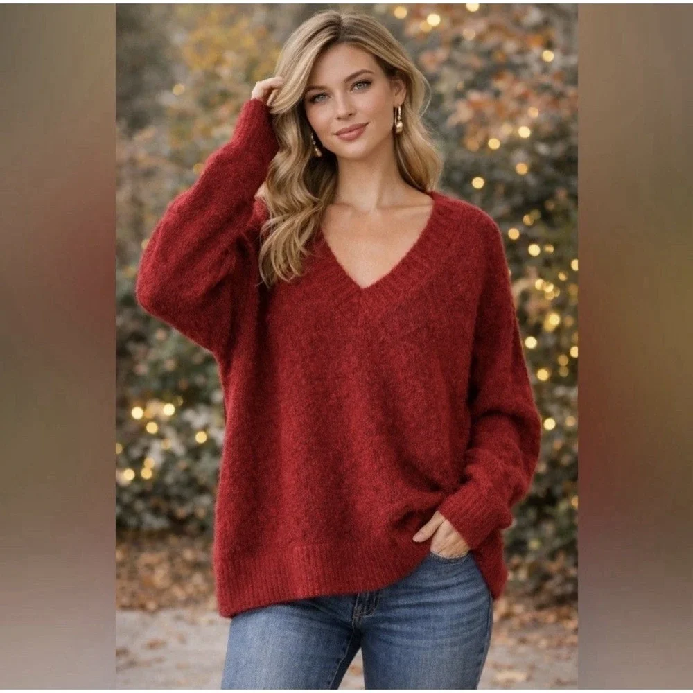 Aerie Cozy Oversized Bouclé V-Neck‎ Sweater Red Women's Size Small Oversized